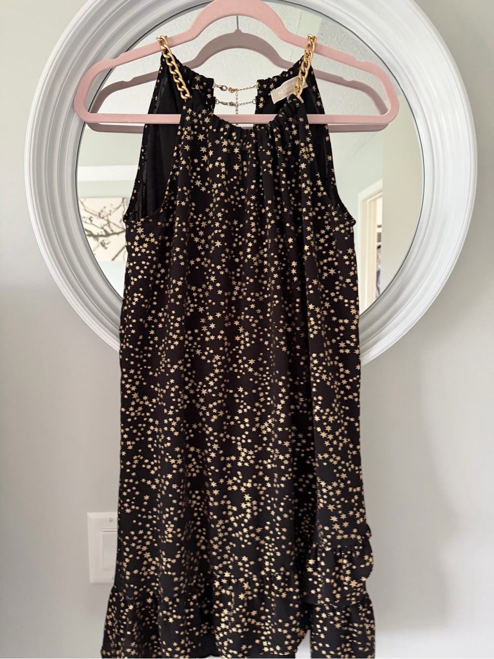 Michael Kors Black Mini Dress with Gold Star Print and Chain Straps